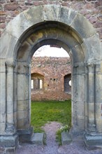 View through doorways and windows in the ruins of Heilig Kreuz monastery