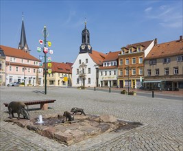 Market place with Wilde Sau fountain town hall and Nikolaikirche
