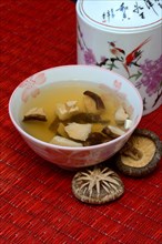 Shiitake tea in bowl and shiitake mushrooms