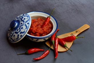 Red Thai curry paste in a bowl and red chilli peppers