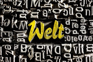 Old lead letters with golden writing show the word world