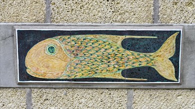 Pottery with fish motif on a house wall