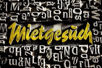Old lead letters with golden writing show the word Mietgesuch
