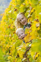 Boy and girl looking through a row of vines