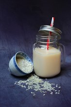 Rice milk in glass with drinking straw and rice grains