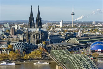 View over the river Rhine to the old town of Cologne