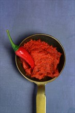 Red Thai curry paste in brass ladle and chilli pepper