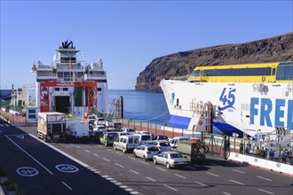 Waiting cars in front of car ferry in the port of San Sebastian de la Gomera