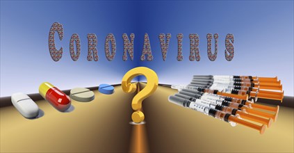 Digital Composing, pills and syringes with question mark, symbolic picture Medicines and vaccine against coronavirus