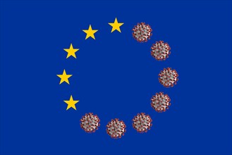 Photomontage, EU flag with corona viruses