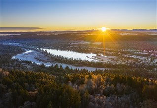 Ickinger Reservoir and Isar at sunrise in winter