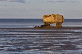 Bunker remains of an anti-aircraft gun position from World War II on the Minsener Oog power station in the evening light