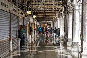 St. Mark's Square shops are protected from water during Acqua alta