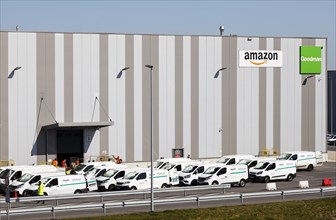 Amazon logistics centre with vans from parcel delivery company Onway Logistics