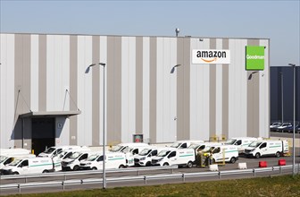 Amazon logistics centre with vans from parcel delivery company Onway Logistics