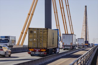 Trucks drive on the motorway A40 Rhine bridge Neuenkamp