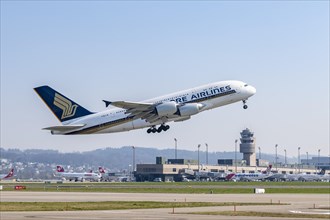 Singapore Airlines' Airbus A380-800 takes off from Zurich Airport