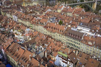 View from Bern Cathedral to the red tiled roofs of the houses in the historic centre of the old town