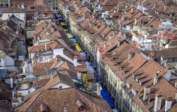 View from Bern Cathedral to the red tiled roofs of the houses in the historic centre of the old town