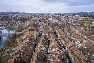 View from Bern Cathedral to the red tiled roofs of the houses in the historic centre of the old town