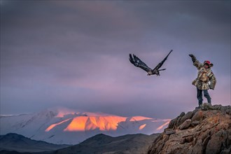 Mongolian eagle hunter with launching eagle on rock