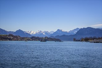 View from Luzerner Quai to Lake Lucerne with mountain panorama