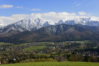 View of Zakopane and snowy mountains of the High Tatras