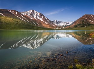 Altai Mountains reflected in the mountain lake