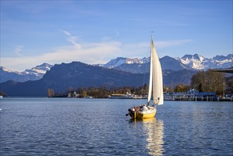 View from Luzerner Quai to Lake Lucerne with sailing boat
