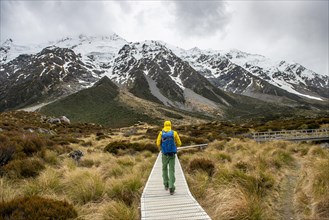 Hiker on trail in Hooker Valley, Mount Cook National Park