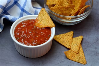 Salsa sauce in shell and tortilla chips, food photography