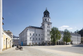 Vacant squares due to the coronavirus pandemic, Residenzplatz with New Residence and Salzburg Carillon