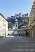 Vacant lots due to the coronavirus pandemic, Hofstallgasse with the Great Festival Theatre and Hohensalzburg Fortress