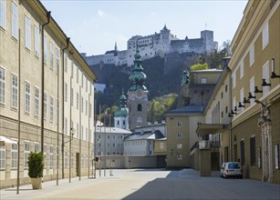 Vacant lots due to the coronavirus pandemic, Hofstallgasse with the Great Festival Theatre and Hohensalzburg Fortress