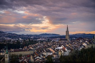 City view at sunrise, view from the rose garden to the old town