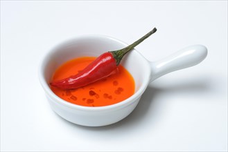 Chili oil and chili pepper in ceramic vessel, food photography
