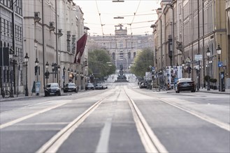 Empty Maximilianstrasse during the corona pandemic, panoramic view in direction of Maximilianeum