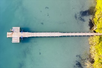 Bathing jetty in Woerthsee from above, near Inning