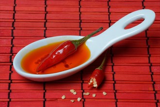 Chilli oil and chilli pepper in ceramic bowls, food photography