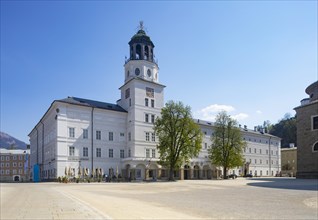Vacant squares due to the coronavirus pandemic, Residenzplatz with New Residence and Salzburg Carillon