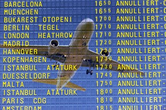 PHOTO MONTAGE, arrival and departure board at the airport