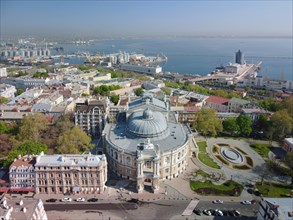 Aerial view, city view with Odessa Opera House and harbour area