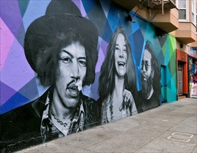 Mural with the late musicians Jimi Hendrix, Janis Joplin and Jerry Garcia in the Haight-Ashbury district of San Francisco