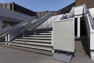 Staircase and poster stands without advertising, closed Duesseldorf exhibition centre