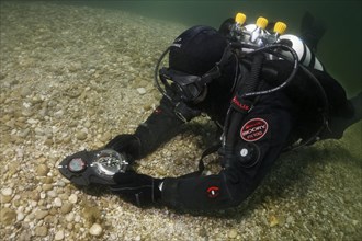 Divers in dry suits orientate themselves with compass in waters with poor visibility, Echinger Weiher