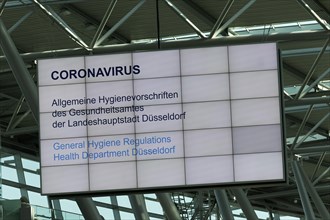 Coronavirus Hygiene Regulations for Passengers, illuminated sign at Duesseldorf Airport