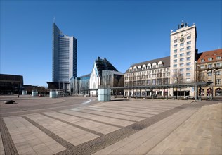 Empty Augustusplatz with City skyscraper, university and Kroch skyscraper