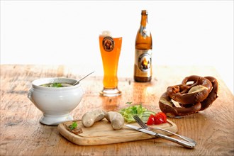 Munich Weisswurst breakfast with pretzels and wheat beer