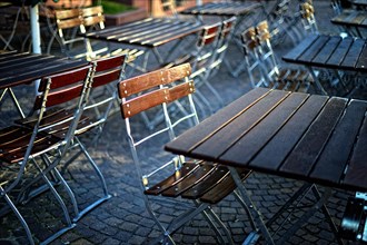 Empty tables in beer garden