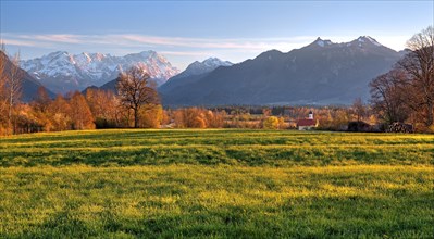 Early spring landscape near the hamlet of Weichs towards the Zugspitze massif